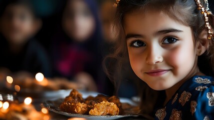 Naklejka premium Young girl with dark curly hair smiling warmly at traditional family dinner with glowing candles and festive food on wooden table, creating cozy holiday atmosphere.