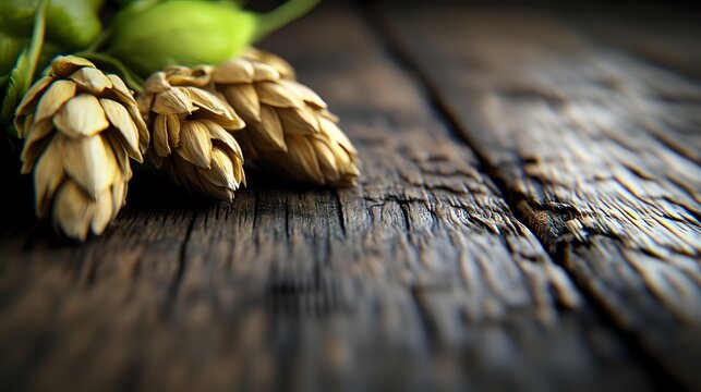 Fresh hop cones on rustic wooden background with selective focus and natural lighting, raw ingredients for craft beer brewing and herbal medicine.