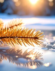 Golden pine branch on frozen water, sunset glow