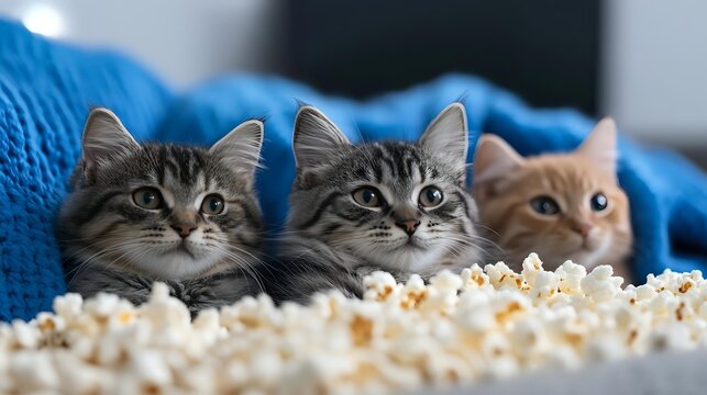 Three adorable cats lying on blue blanket watching movie with popcorn scattered in foreground, cozy home entertainment scene with curious feline expressions.