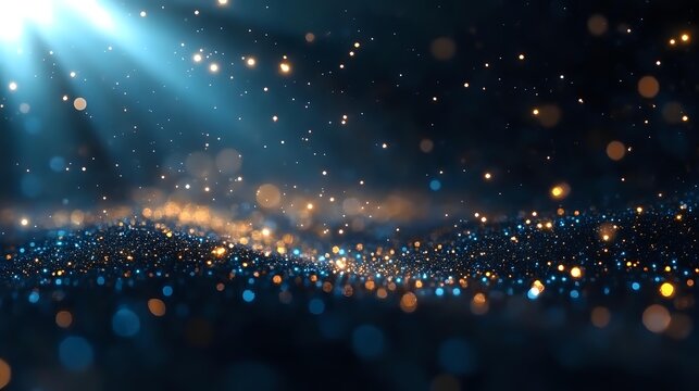 Magical glowing particles with blue light rays creating ethereal atmosphere against dark background, abstract bokeh effect for festive backgrounds.