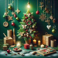 Creative Christmas tree design with ornaments and presents in a festive green setting, capturing the holiday spirit and celebration