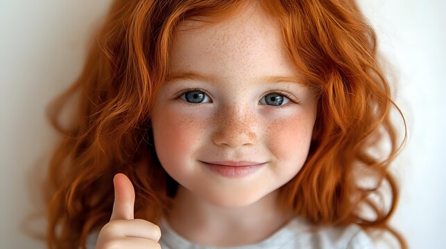 Young girl with bright red curly hair, blue eyes and freckles smiling warmly at camera against light background, showing positive emotion and natural beauty. - Powered by Adobe