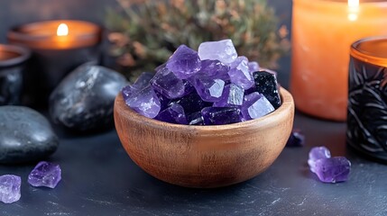 Raw amethyst crystals in wooden bowl with glowing candles and black stones creating spiritual atmosphere for meditation and crystal healing practices.
