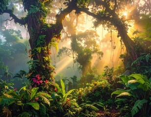 A sunlit, vibrant tropical forest, filled with lush foliage and colorful flowers, bathed in golden sunlight.