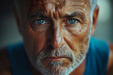 Close up portrait of senior man with intense blue eyes, gray beard and weathered skin in dramatic lighting showing wisdom and life experience.