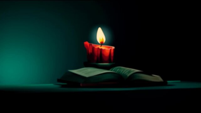 Red candle burning on open book in illustration style with red, orange, and green colors representing knowledge
