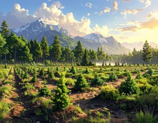 A tranquil mountain landscape, featuring a lush forest, a field of young trees, and a serene sunrise.