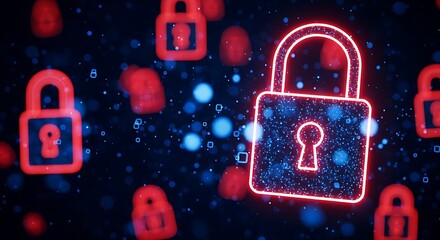 Abstract glowing red padlock icons floating in a dark digital space with blue particle effects, symbolizing cyber security and data protection