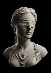Classical marble bust of a blindfolded goddess representing blind justice and impartiality