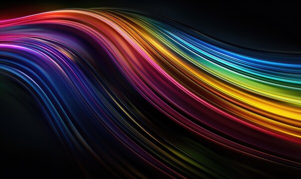 Abstract artwork featuring vibrant, flowing, multicolored stripes that curve and swirl against a dark background, creating a dynamic and energetic composition