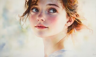 Watercolor Painting of a Young Woman with Freckles and Brown Curly Hair