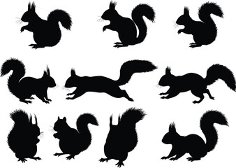 Squirrel Silhouette Set – Nine Black Squirrels in Various Poses for Nature, Forest, and Animal Design Projects