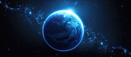 Fototapeta premium A stylized, dark-blue planet dominates a cosmic backdrop, speckled with bright stars and glowing nebulae. The planet's surface shows faint details, suggesting landmasses and oceans