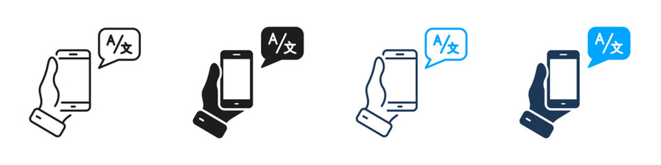 Hand Holding Smartphone With Translation App Line And Solid Icon Set. Language Translation, Communication, And Mobile Technology Symbol Collection. Isolated Vector Illustration