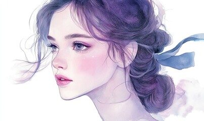 Watercolor portrait of a beautiful girl with purple hair and ribbon