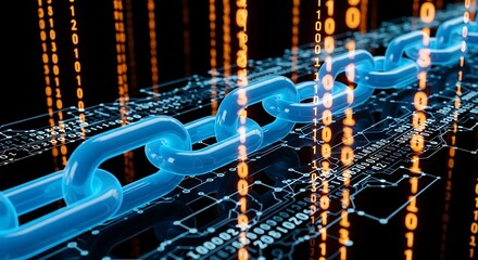 Abstract representation of blockchain technology with a glowing blue chain link and falling binary code, symbolizing decentralized ledger and digital currency