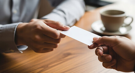 Close-up of two professionals exchanging a blank white business card during a meeting