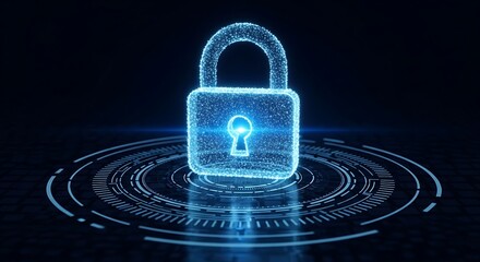 Digital padlock icon made of glowing blue particles on a dark technological background with circular interface elements, symbolizing security and data protection