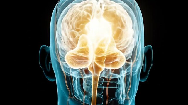 3D anatomical rendering showcasing a human brain within a translucent skull, highlighting intricate neural pathways and structures with warm and cool color contrasts against a black backdrop