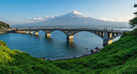 Fototapeta premium Bridge to Serenity: A majestic bridge gracefully arcs over tranquil waters, leading the eye towards the iconic mountain peak. The picturesque landscape embodies the serenity of a perfect day.