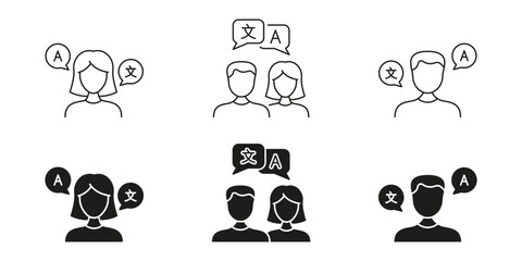 Multilingual Communication Line And Solid Icon Set. Language Translation And Interpretation Symbol Collection. Diverse Language Skills And Cross-Cultural Interaction. Isolated Vector Illustration