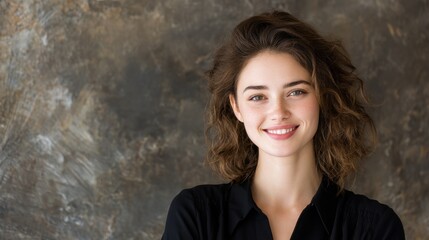 Naklejka premium Portrait of a young woman with shoulder-length curly hair. she is smiling and looking directly at the camera. she has a slight smile on her lips and is wearing a black blouse.
