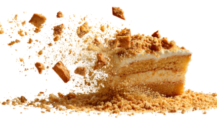 Slice of cake exploding into crumbs isolated on transparent background