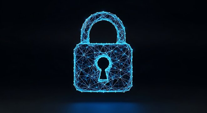 A blue wireframe padlock icon constructed from interconnected lines and dots, representing digital security and data encryption on a dark background
