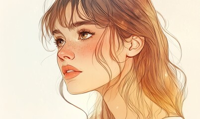 Portrait of a young woman with freckles, light brown hair and a sketch style