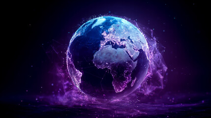Obraz premium A purple glowing hologram of the Earth with digital connections, set against an abstract dark background