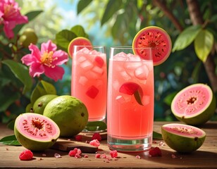 Refreshing pink guava juice in tall glasses, garnished with slices, sits on a rustic wooden surface amongst guava fruits, pink flowers, and green foliage, creating a vibrant tropical scene.