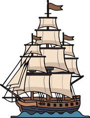Sailing ship navigates the open sea with billowing sails, representing adventure and exploration in a vintage style.