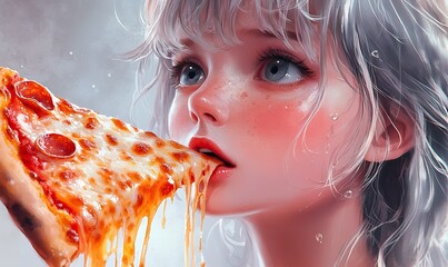 Anime Style Girl with Silver Hair Enjoying a Delicious Slice of Pizza