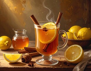 A warm, comforting beverage with fragrant spices, vibrant citrus, and a touch of sweetness, presented in a detailed still life style.