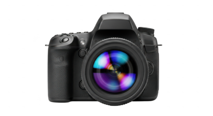 Digital camera with colorful lens reflection isolated on transparent background