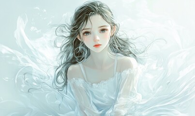 Dreamy Portrait of a Young Woman in a White Flowing Dress