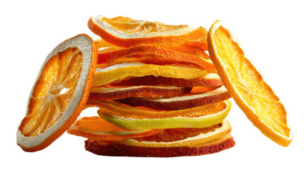 Stack of colorful dried citrus fruit slices isolated on transparent background