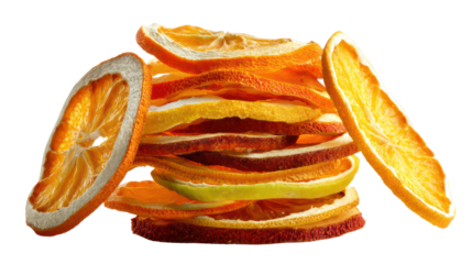 Stack of colorful dried citrus fruit slices isolated on transparent background