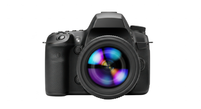 Digital camera with colorful lens reflection isolated on transparent background