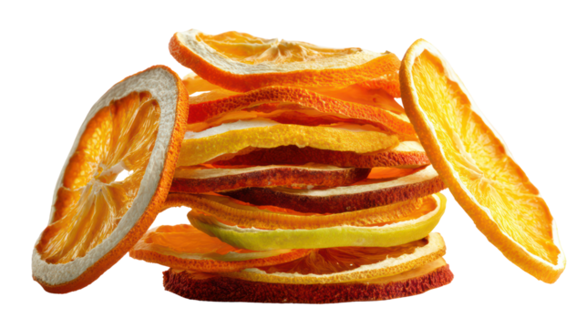 Stack of colorful dried citrus fruit slices isolated on transparent background