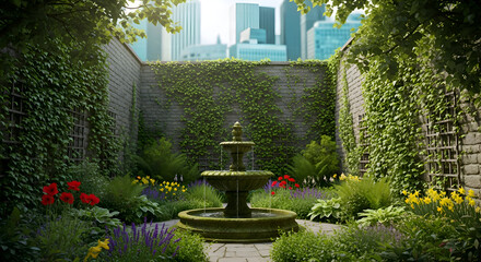 Tranquil Courtyard Garden Oasis with Fountain
