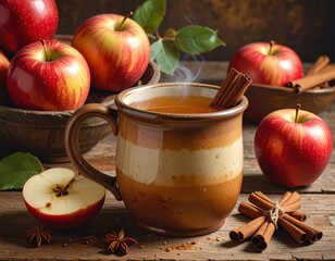 A warm, autumnal beverage is presented in a rustic, ceramic mug, surrounded by fresh apples and cinnamon sticks, creating a comforting and inviting scene.