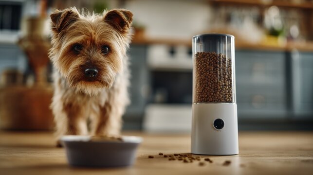 Medium shot of a smart pet feeder dispensing food with the pet in crisp focus and the kitchen background softly blurred.