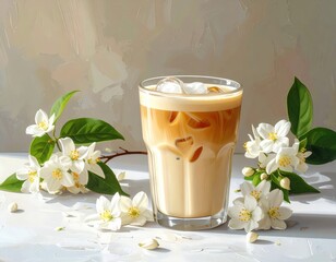 A refreshing iced coffee drink, highlighted by a delicate jasmine flower arrangement, sits on a textured surface, bathed in soft sunlight.
