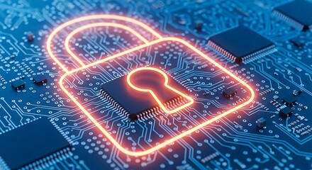 Digital padlock icon glowing on a circuit board, representing cybersecurity and data protection