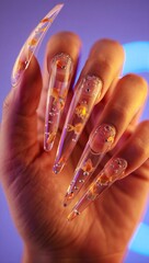Close-up of a hand with long transparent acrylic nails decorated with small goldfish and bubbles inside. Creative 3D nail art design on purple background.