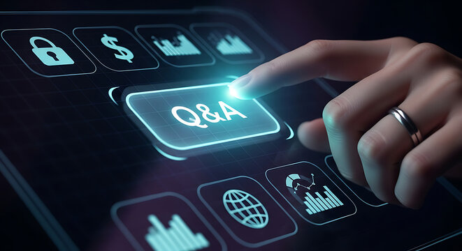 Human hand taps luminous Q&A button on futuristic interface, for digital information and support queries - Powered by Adobe