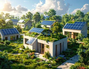 A picturesque, sustainable community with eco-friendly homes featuring lush green roofs and solar panels, nestled amongst trees under a vibrant sky.