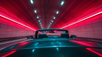Experience exhilarating speed driving a convertible through a vibrant neon-lit tunnel creating a dynamic sense of motion and adventure